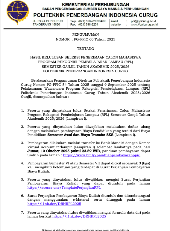 Pengumuman Hasil Kelulusan Seleksi Penerimaan Calon Mahasiswa Program Rekognisi Pembelajaran Lampau (RPL) Semester Ganjil Tahun Akademik 2025/2026 Politeknik Penerbangan Indonesia Curug
