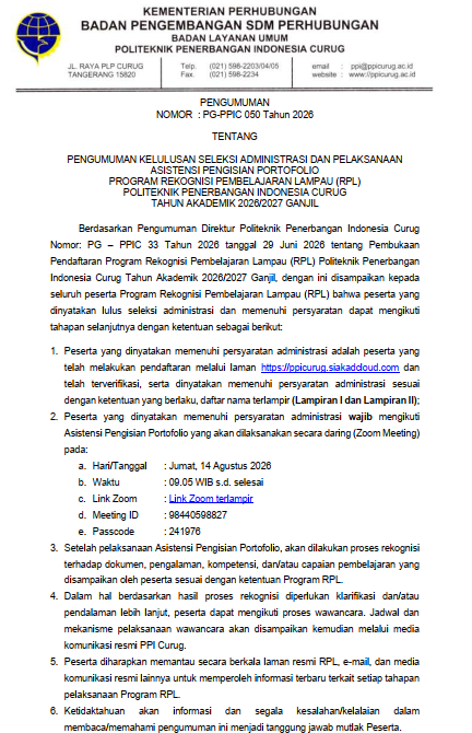 Pengumuman Kelulusan Seleksi Administrasi dan Pelaksanaan Asistensi Pengisian Portofolio Program Rekognisi Pembelajaran Lampau (RPL) Politeknik Penerbangan Indonesia Curug Tahun Akademik 2026/2027 Ganjil