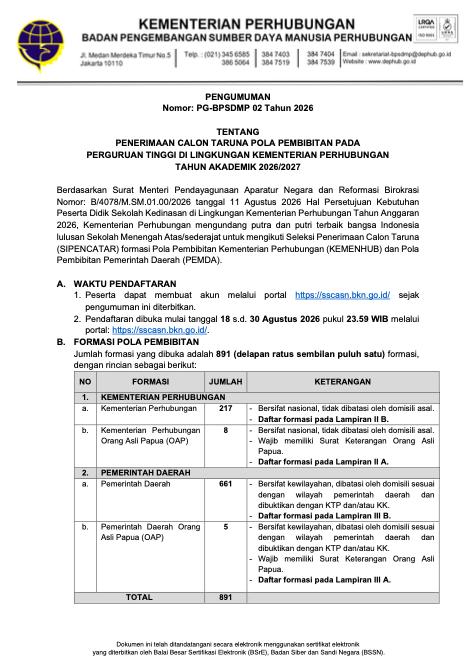 Pengumuman Tentang Penerimaan Calon Taruna Pola Pembibitan Pada Perguruan Tinggi Di Lingkungan Kementerian Perhubungan Tahun Akademik 2026/2027