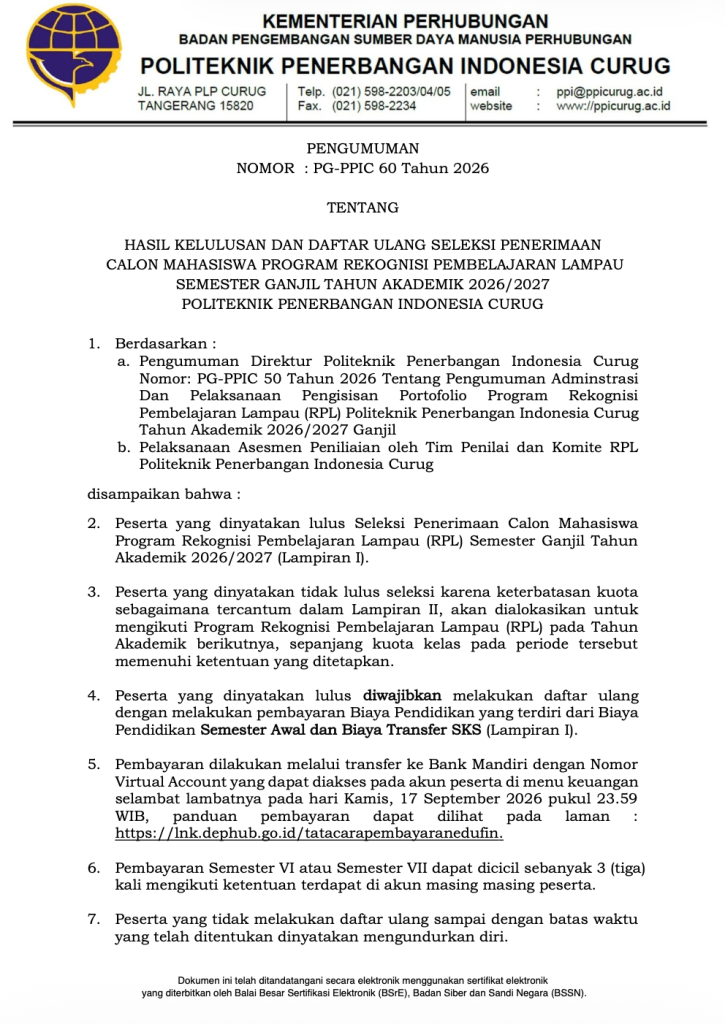 Pengumuman Hasil Kelulusan dan Daftar Ulang Seleksi Penerimaan Calon Mahasiswa Program Rekognisi Pembelajaran Lampau Semester Ganjil Tahun Akademik 2026/2027 Politeknik Penerbangan Indonesia Curug