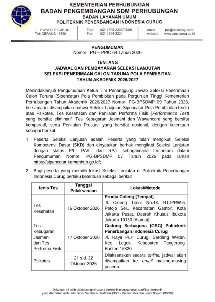 Pengumuman Jadwal dan Pembayaran Seleksi Lanjutan Seleksi Penerimaan Calon Taruna Pola Pembibitan Tahun Akademik 2026/2027